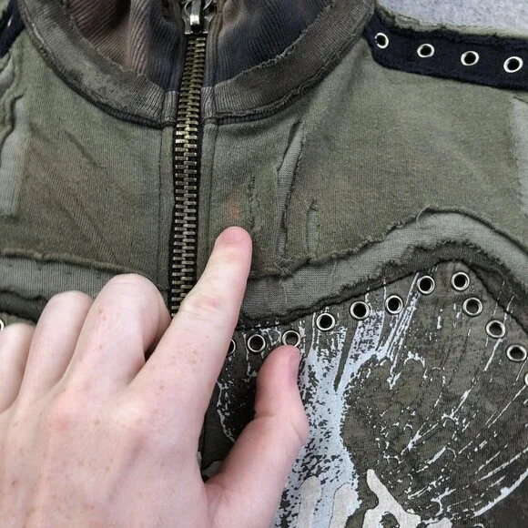 Salvage Jacket Womens Medium Green Biker Full Zip Studded Graphic Grunge Goth - Picture 5 of 10